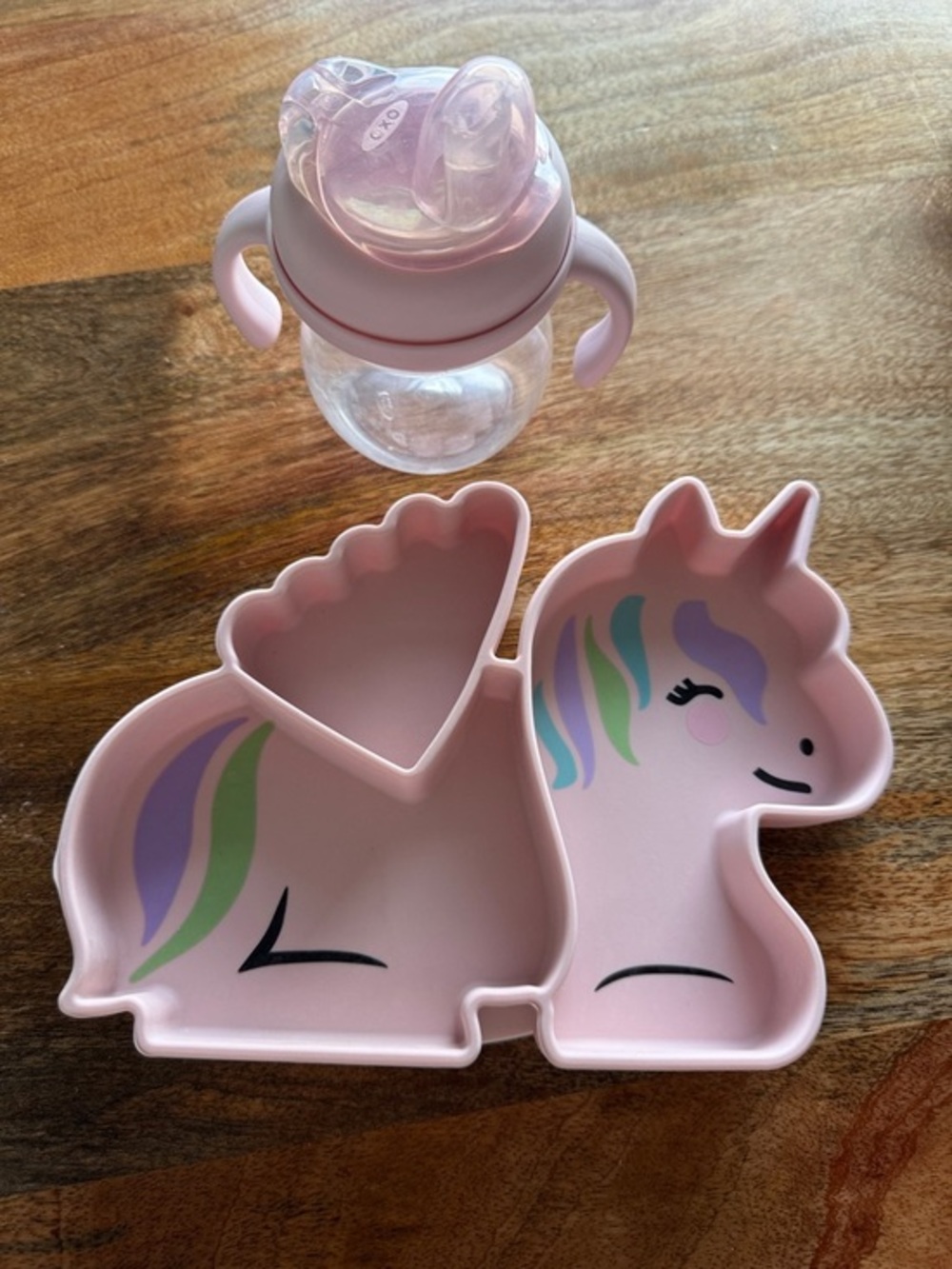 Unicorn Silicone Divided Plate with Pink Sippy Cup